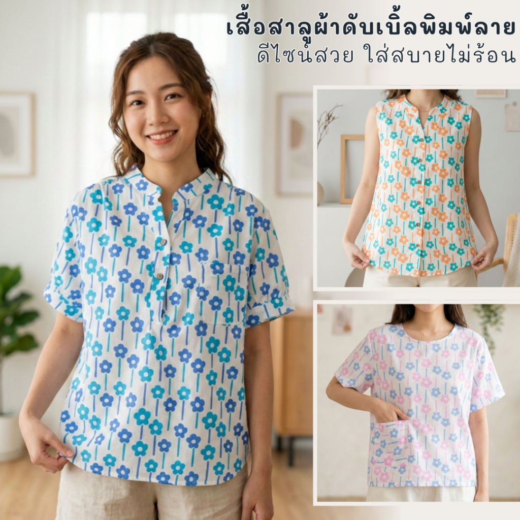 เสื้อสาลู 2 ชั้น ผ้าดับเบิ้ลลายดอกพิมพ์ลาย ผ้านุ่มสวยสวมใส่สบายตัวไม่ร้อน