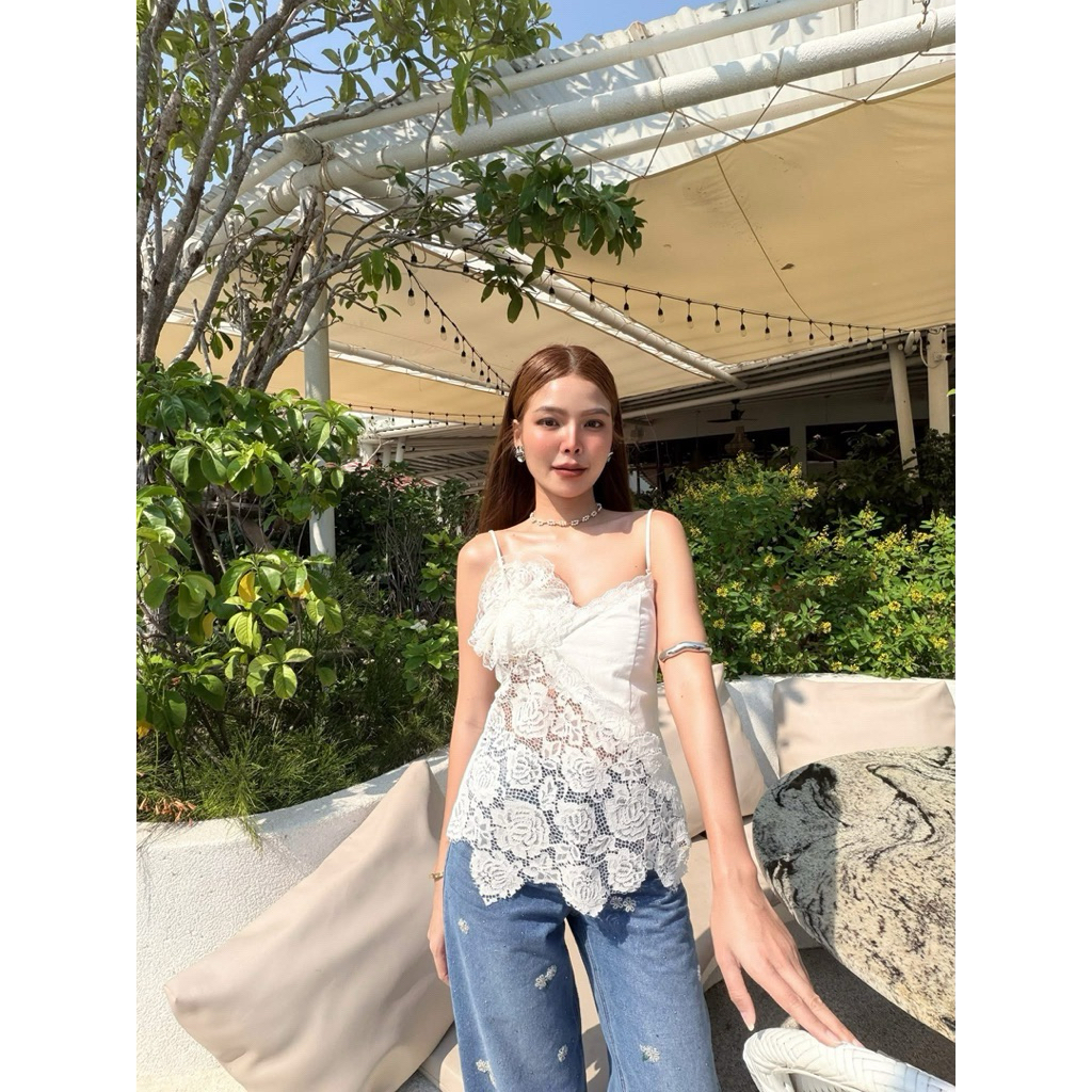 เสื้อสายเดี่ยวลูกไม้สีขาว,กางเกงยีนส์ปักดอกเดซี่ Sz.S,M,L ป้าย Pitcha-พิชชา ราคา ถูกที่สุด ดีลบีเคเค แกลเลอรีภาพที่ 3