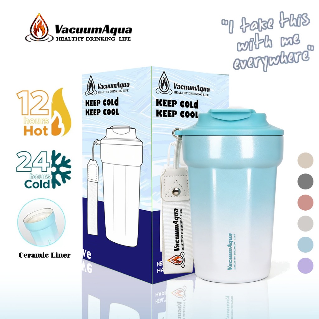 Vacuum Aqua (13oz) กระบอกน้ำสแตนเลสพร้อมฝาปิด เคลือบเซรามิก แก้วสุญญากาศ รักษาความร้อนและเย็น