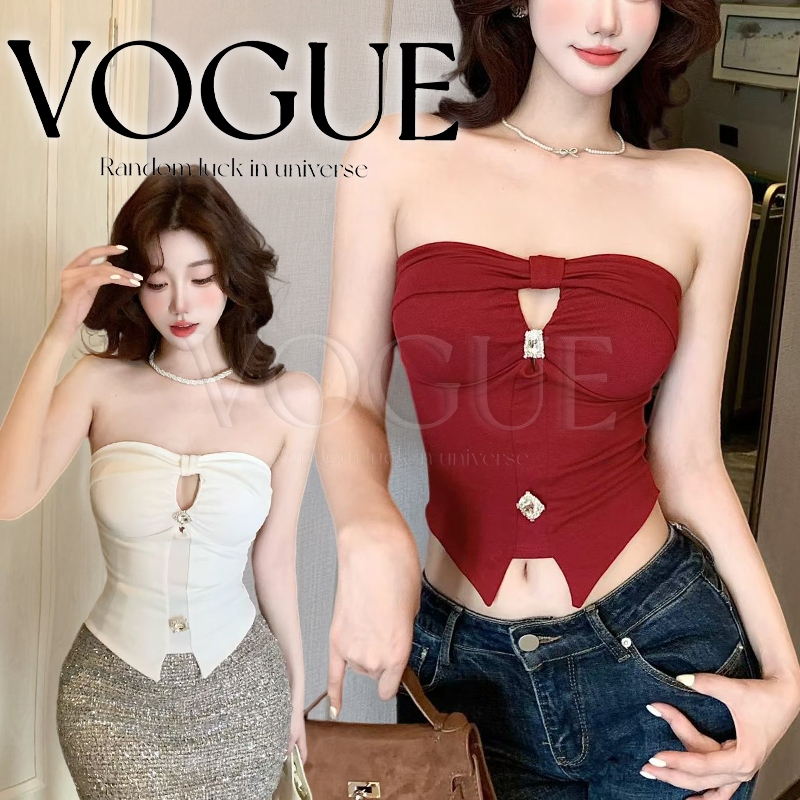 Vogue🌟พร้อมส่ง🌟 เสื้อเกาะอกผู้หญิง ทรงเข้ารูป มีฟองน้ำ เสื้อปาดไหล่ แต่งเพรชเทียม (FY5609)