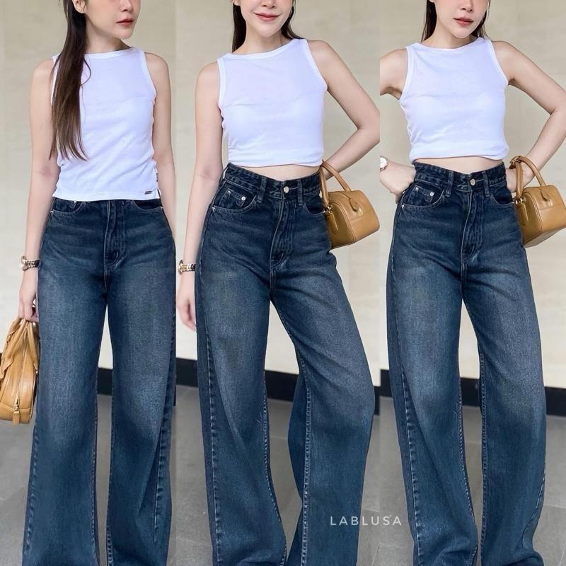 กางเกงยีนส์ขายาวทรงกระบอกกลางเอวสูง