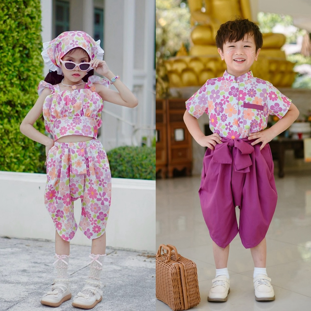 ชุดไทยลายดอกสงกรานต์คู่พี่น้อง พร้อมส่งในไทย🇹🇭
