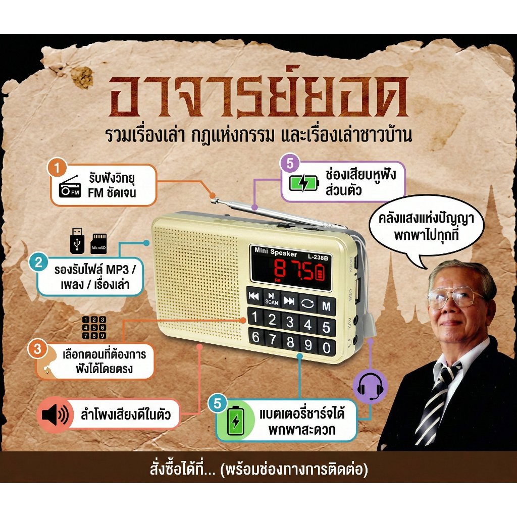 วิทยุ MP3 เรื่องเล่าอาจารย์ยอด ฟังเรื่องผี นิทาน ตำนาน ประวัติศาสตร์ ลี้ลับ ธรรมะ เกร็ดความรู้ เสียงชัด ใช้งานง่าย ราคา ถูกที่สุด ดีลบีเคเค แกลเลอรีภาพที่ 2