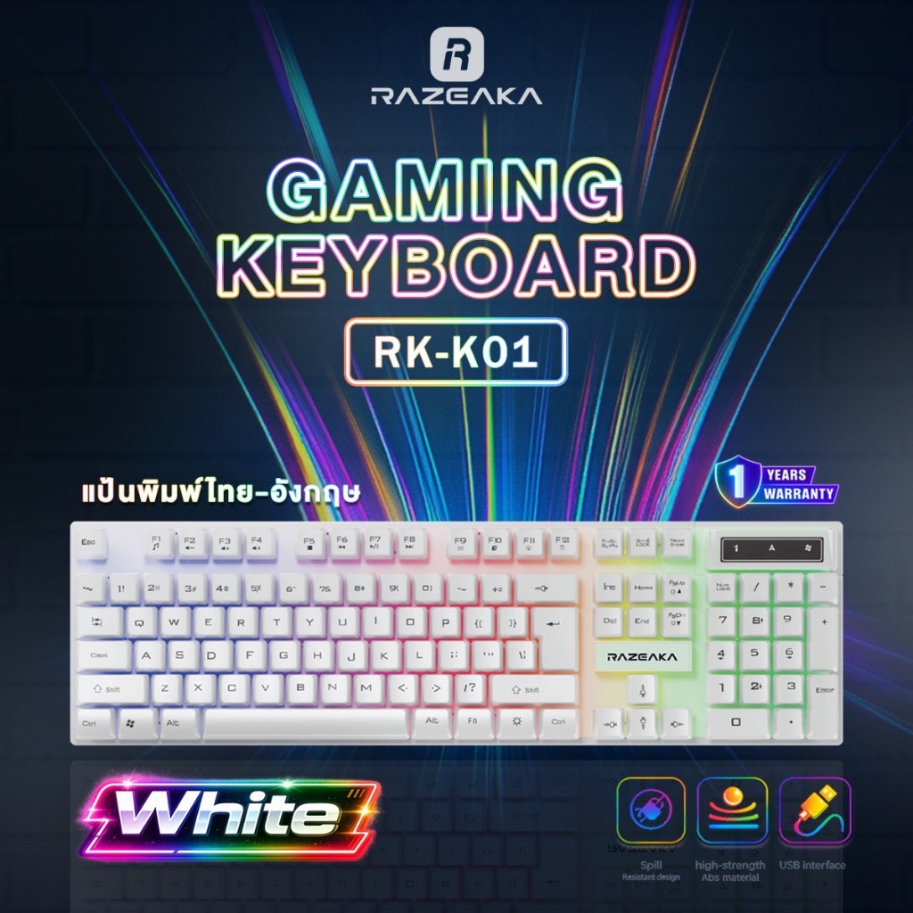 RAZEAKA RK-K01 คีย์บอร์ด Keyboard  คีย์บอร์ดเกมมิ่ง 104 Keys Full Size  มีไฟสีรุ้ง แป้นพิมพ์ไทย-อังกฤษ