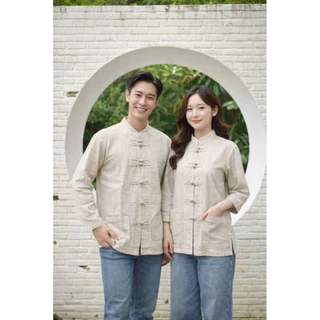 คอจีนแขนยาวแต่งกระดุม7เม็ดงานผ้าฝ้ายพื้นเมืองทรงสวยสุภาพเสื้อทรงตรงใส่ได้ชายหญิงส่งของทุกวันมีปลายทาง