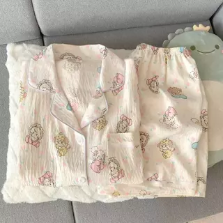 ชุดนอนลายริ้วสีเขียวลายสุนัขน่ารัก 2ชิ้น เสื้อสั้น กางเกงขาสั้น เหมาะฤดูร้อน ไซส์ M-2XL ส่งจากไทย