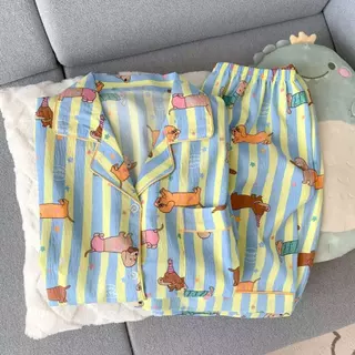 ชุดนอนลายริ้วสีเขียวลายสุนัขน่ารัก 2ชิ้น เสื้อสั้น กางเกงขาสั้น เหมาะฤดูร้อน ไซส์ M-2XL ส่งจากไทย