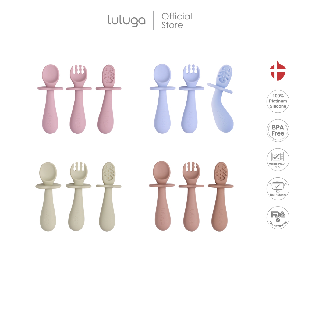 Luluga ช้อนฝึกทานเด็ก งอได้ 360 องศา Platinum Silicone นุ่มพิเศษ BPA Free สำหรับเด็ก 6 เดือน+ ฝึกทาน BLW