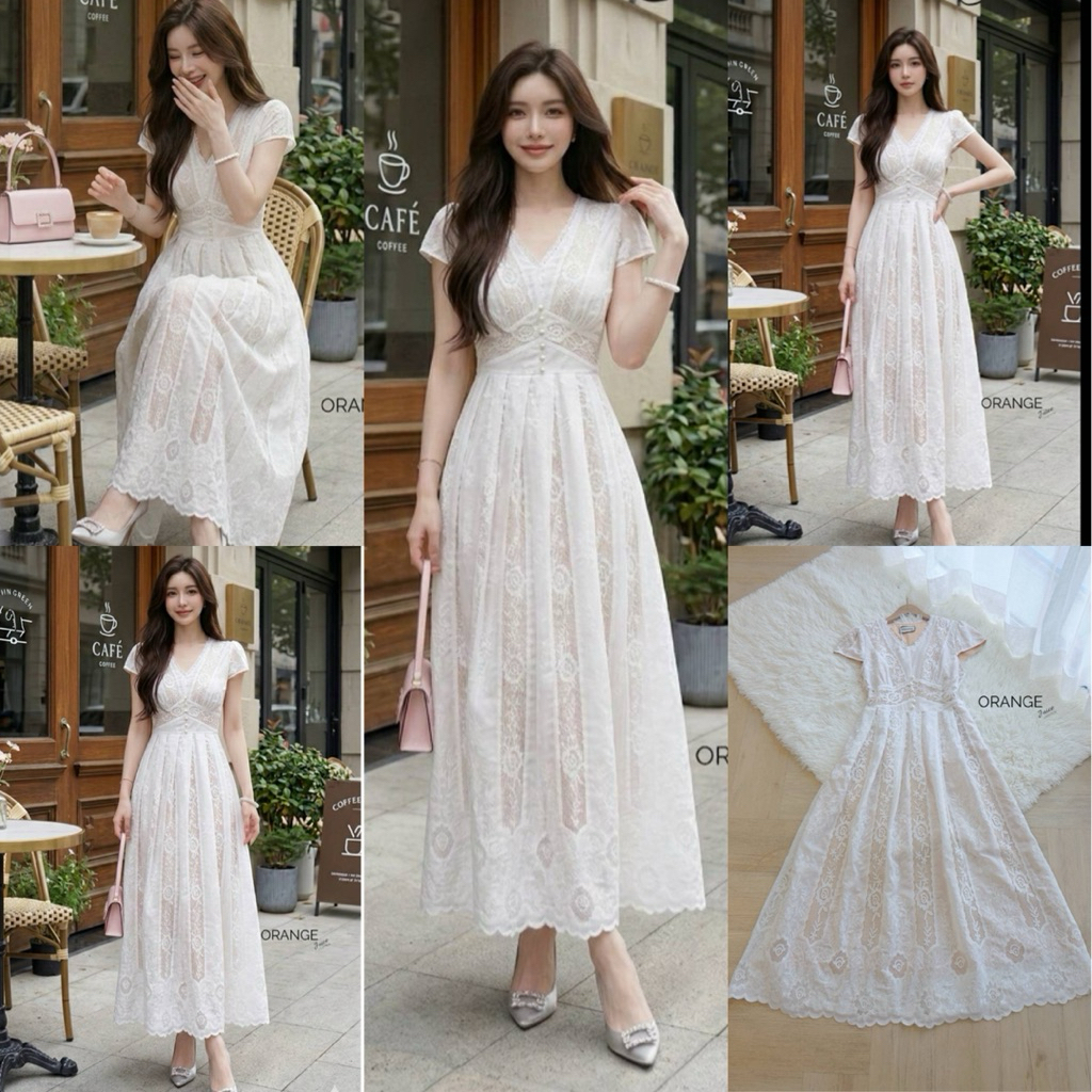 🧡พร้อมส่ง S-5XL🧡ป้าย Orange Juice💕เดรสลูกไม้ สีขาว ซับในสีนู้ด งานน่ารัก ใส่ได้ทุกโอกาส