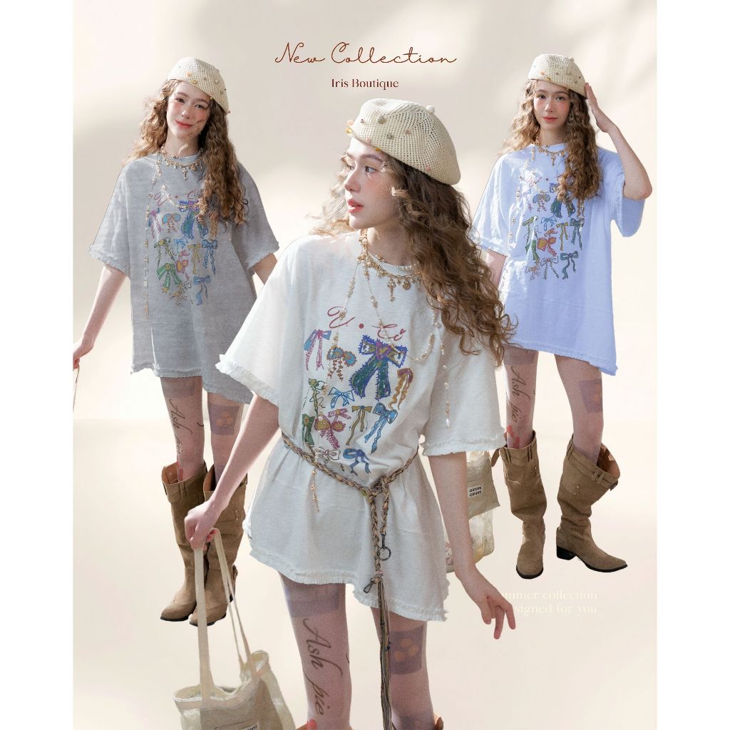 Original Design IRIS BOUTIQUE 26 ss Trims series IS19158 Ribbon Print Oversized Tee เสื้อยืดโทนสดใสลายพิมพ์โบว์หลากสี
