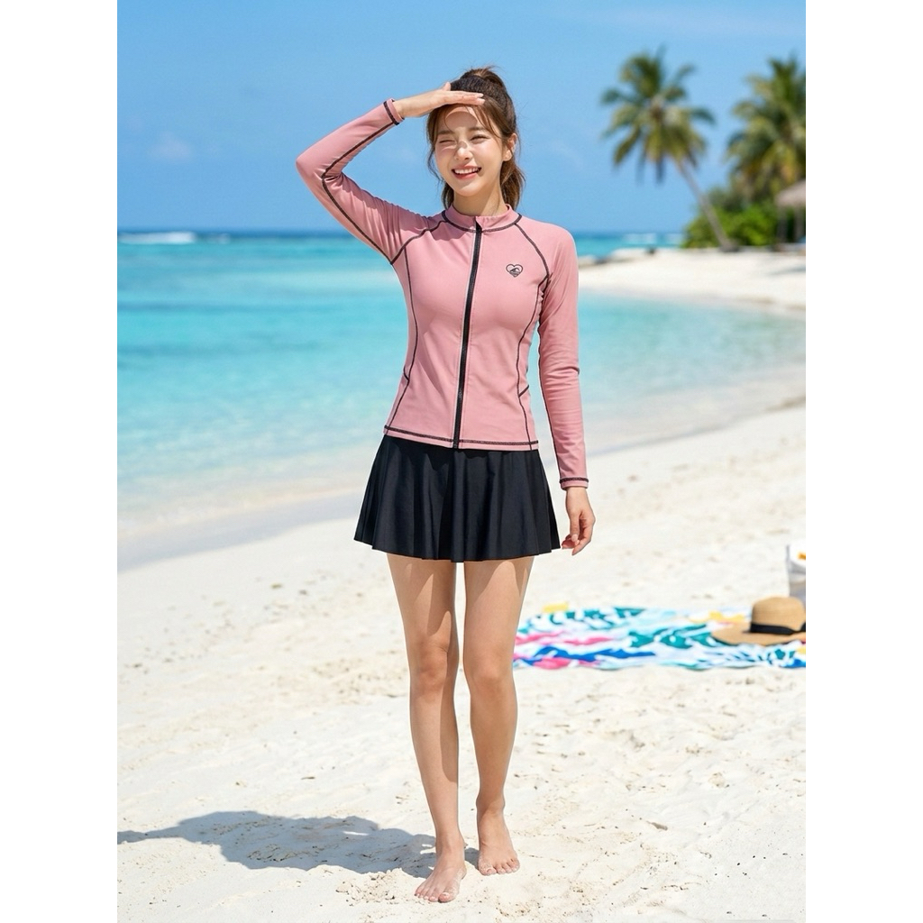 New in 2026 : Rashguard Set ชุดเซ็ตเสื้อว่ายน้ำแขนยาวซิปหน้ากันยูวีสีพื้น+กระโปรง 2 ชั้น ราคา ถูกที่สุด ดีลบีเคเค แกลเลอรีภาพที่ 7