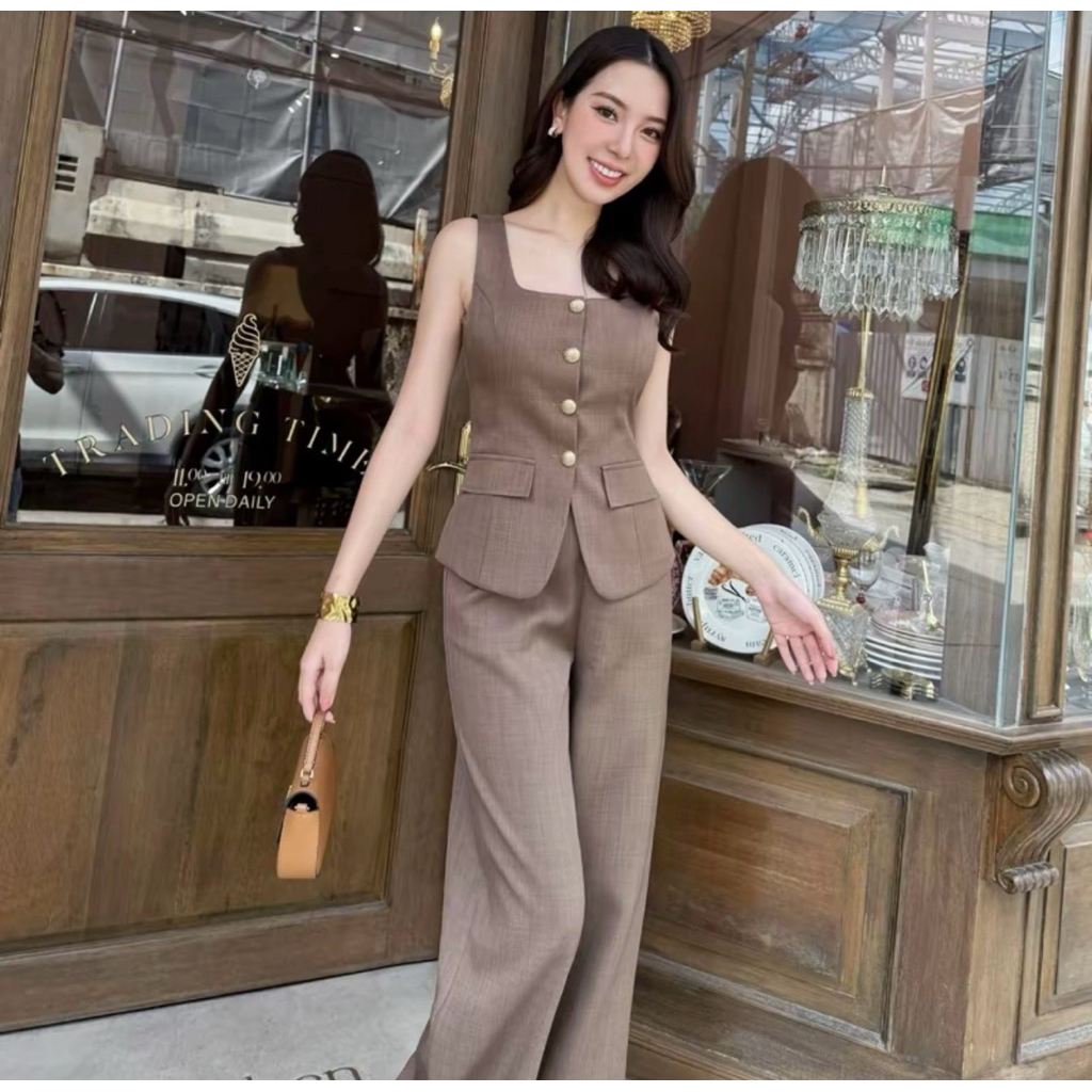 Vellis closet - Davie set งานเซ็ทแขนกุด+กางเกงขายาว Brown Size S)