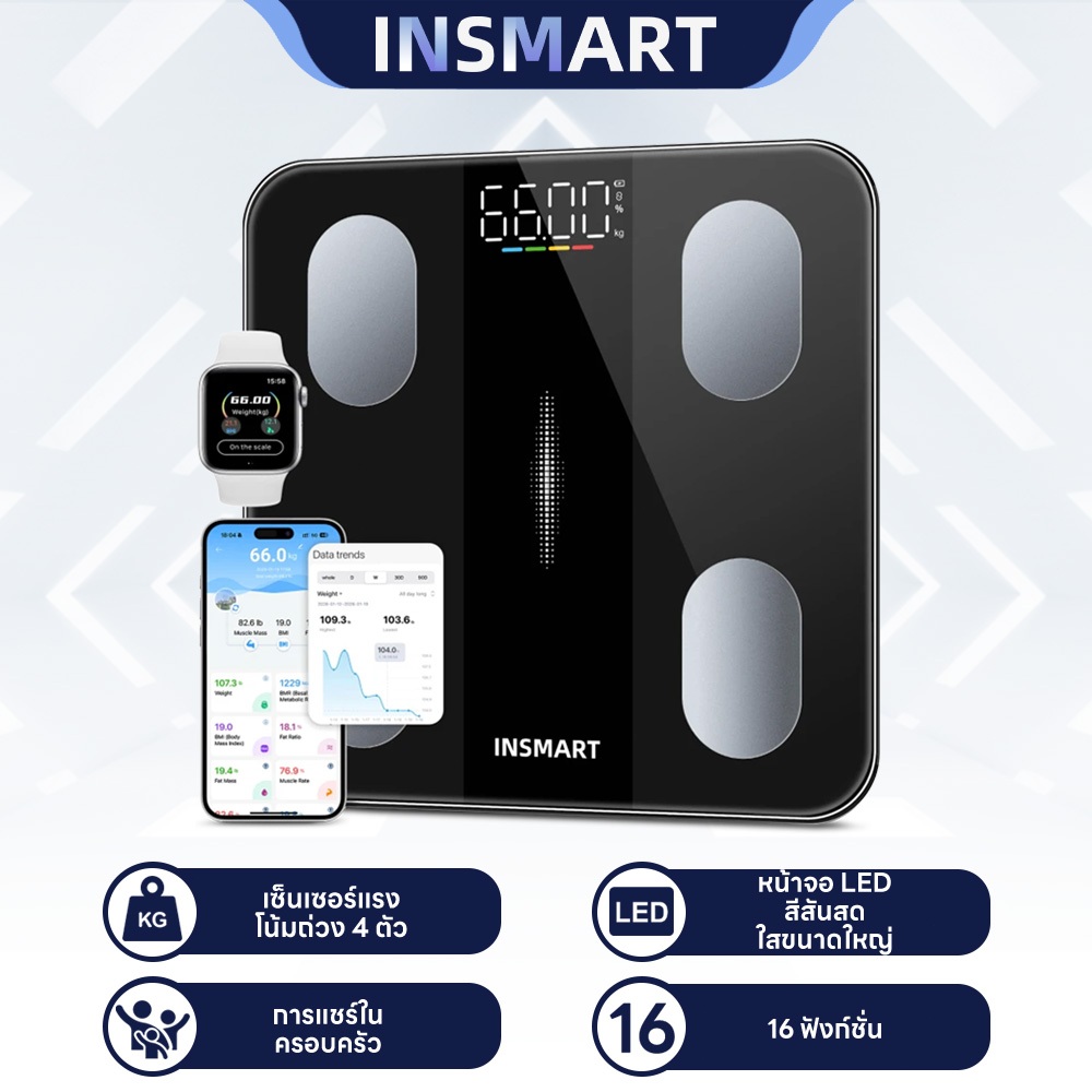 INSMART เครื่องชั่งน้ำหนักดิจิตอล ตาชั่งน้ำหนัก ดิจิตอล 180kg วัดไขมัน 16in1 เชื่อมแอพ LCD ความแม่นยำสูง วัสดุแข็งแรง