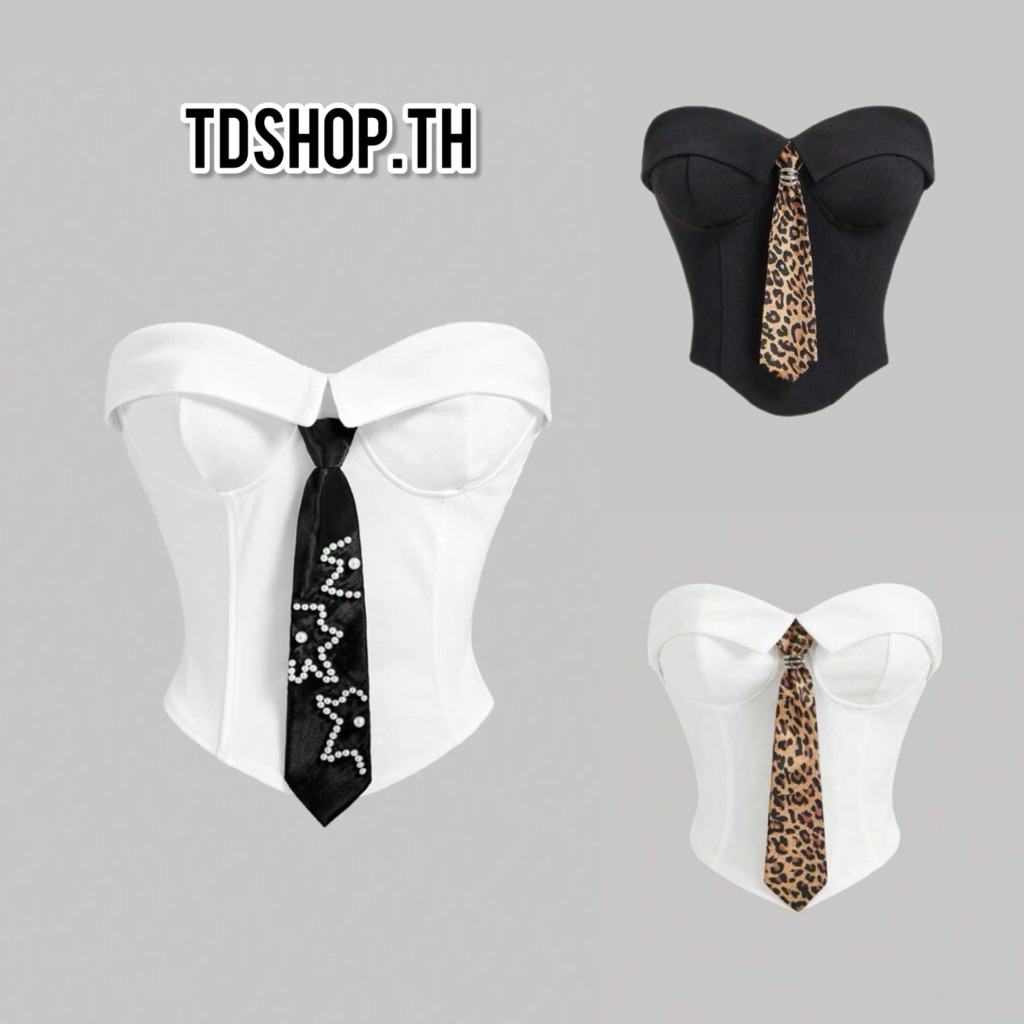 ✅PRE-ORDER 7-10 วัน✅ ชีอิน MOD เสื้อท็อป ครอป เกาะอก สไตล์คอลเลจ แต่งผูกคอเนคไท✨งานป้ายชีอิน 🔖