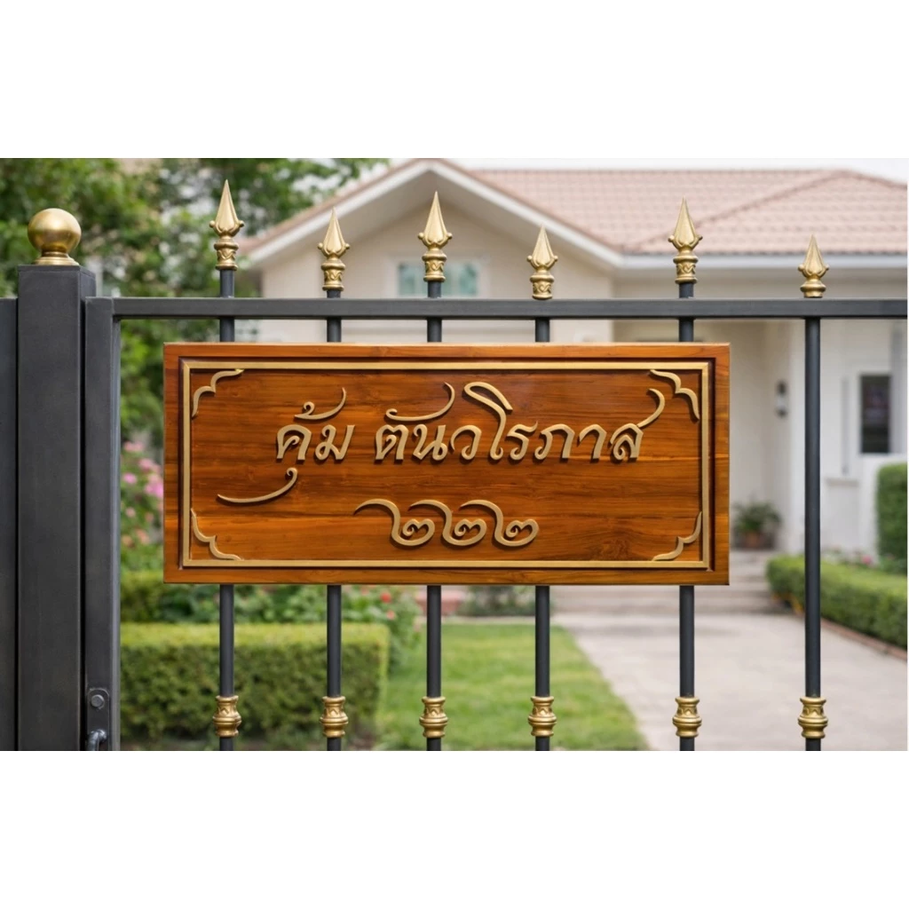 ป้ายแกะสลักบ้านเลขที่ ขนาด 30x60 ซม. สีสักทอง ไม้สักทั้งแผ่น thumbnail 7
