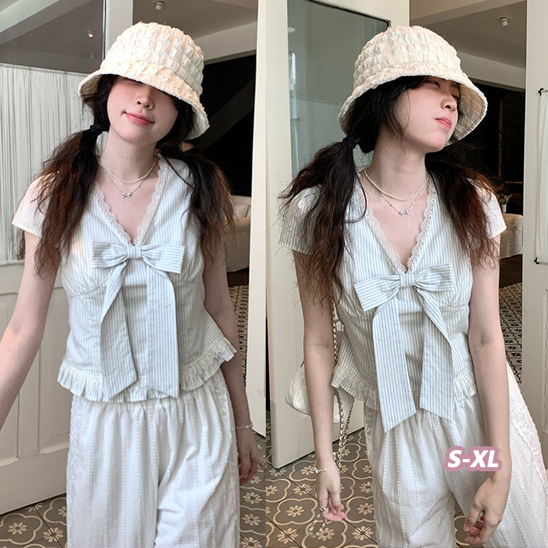 🌻Grace🌻 เสื้อเชิ้ตฤดูร้อนน่ารักสำหรับผู้หญิง คอวี แถบ ลูกไม้ โบว์ แขนสั้น เสื้อเชิ้ต สไตล์ใหม่ เวอร์ชั่นเกาหลี 99193
