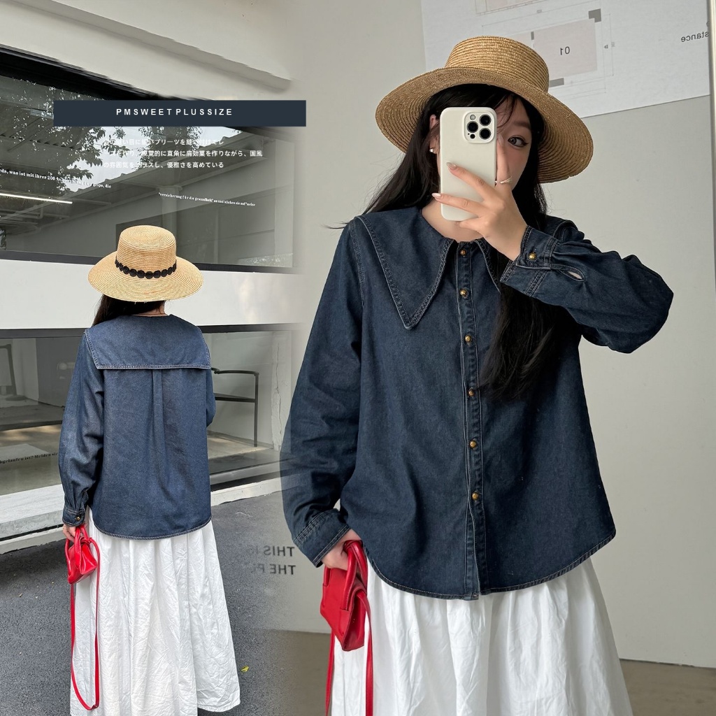 [ 🔥อกถึง 56" ] : PMP2478 : พรีออเดอร์ เสื้อเชิ้ตเดนิม ยีนส์ คอปกทหารเรือ สำหรับผู้หญิงไซส์ใหญ่