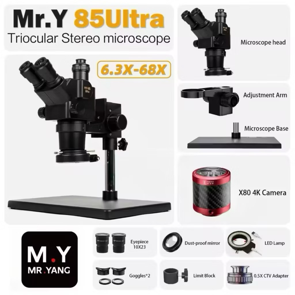 กล้องจุลทรรศน์ Mr.Y 85Ultra ซูมต่อเนื่อง 63X-85X ชุดกล้อง 4K สำหรับโทรศัพท์มือถือ อุปกรณ์ซ่อมแซมงานบัดกรี
