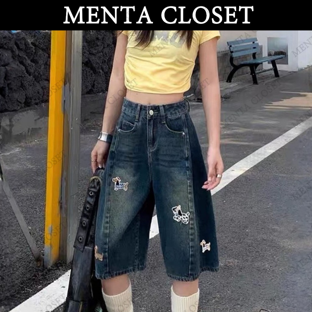 MentaCloset กางเกงยีนส์ขาสั้นห้าส่วนรุ่นใหม่ ดีไซน์ลายการ์ตูนสุนัข ทรงตรงและหลวม กางเกงยีนส์เอวสูง V117