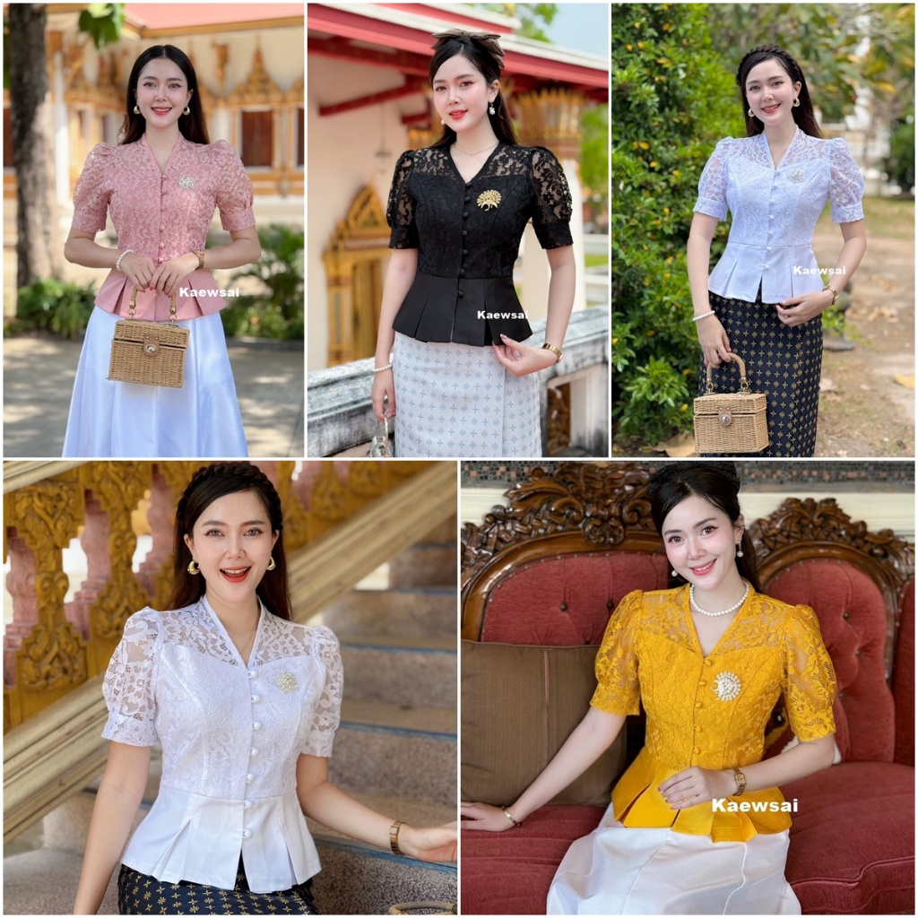 เสื้อรุ่น-รสสุคนธ์ ผ้าไหมสีเส้นแต่งลูกไม้  เรียบหรู ดูสง่า ใส่แล้วเป๊ะมีไซส์เล็กและสาวอวบค่ะ