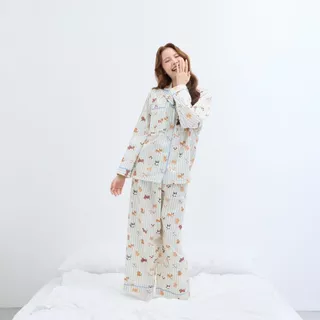 ชุดนอน sliptosleep - Cream Pup Long Pants Set [Thai designer]