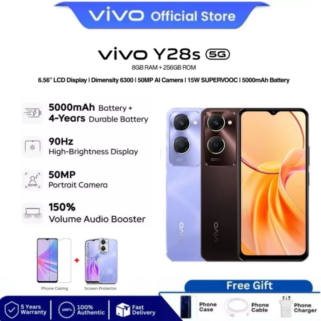 โทรศัพท์ vivo Y28s 5G (8+256GB) 6.56 นิ้ว 5000mAh อึดมาก กล้องคมชัด ชาร์จไว ของแท้ประกันศูนย์