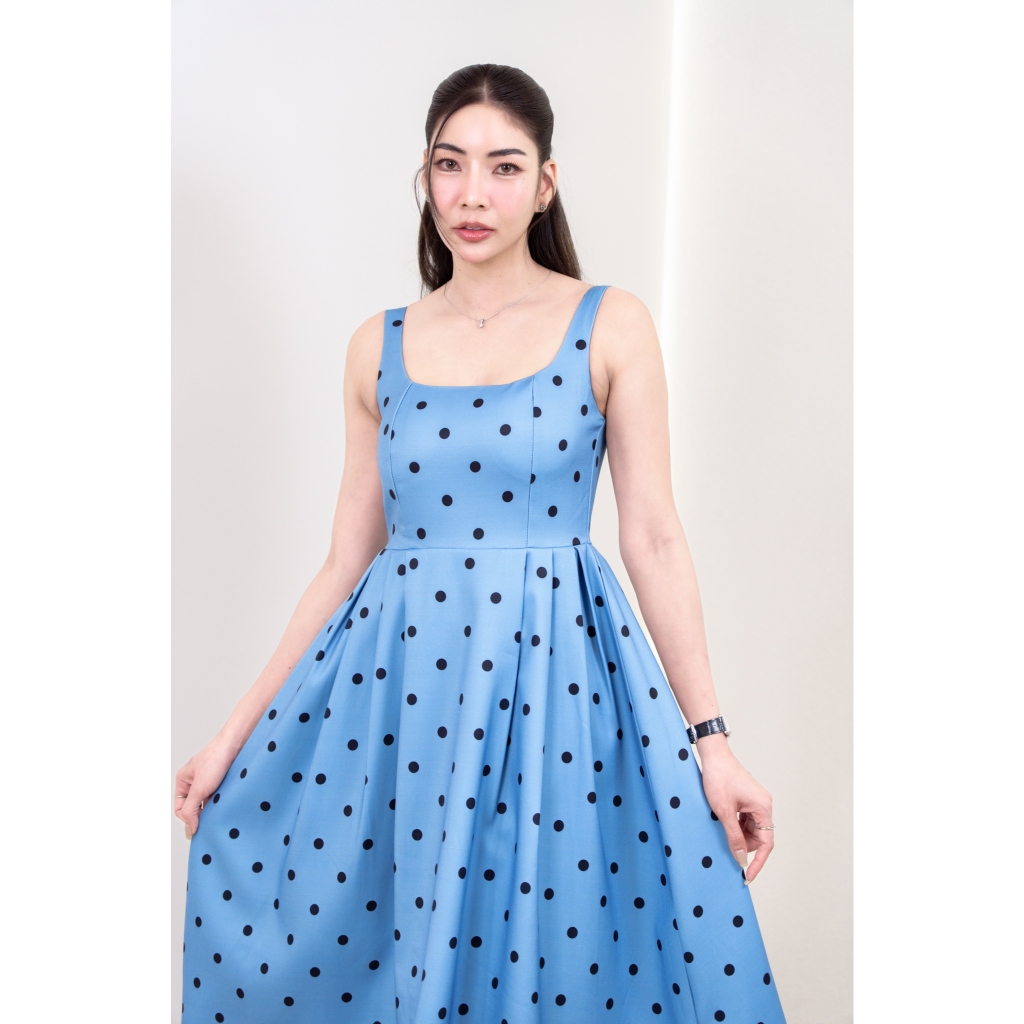 [Pui Pui]ชุดเดรสกระโปรงยาวลายโพกาดอทPC051 3 สี คอเหลี่ยม ดีเทลแถมโชเกอร์ดอกไม้น่ารักแบบมีระดับ จะลุค