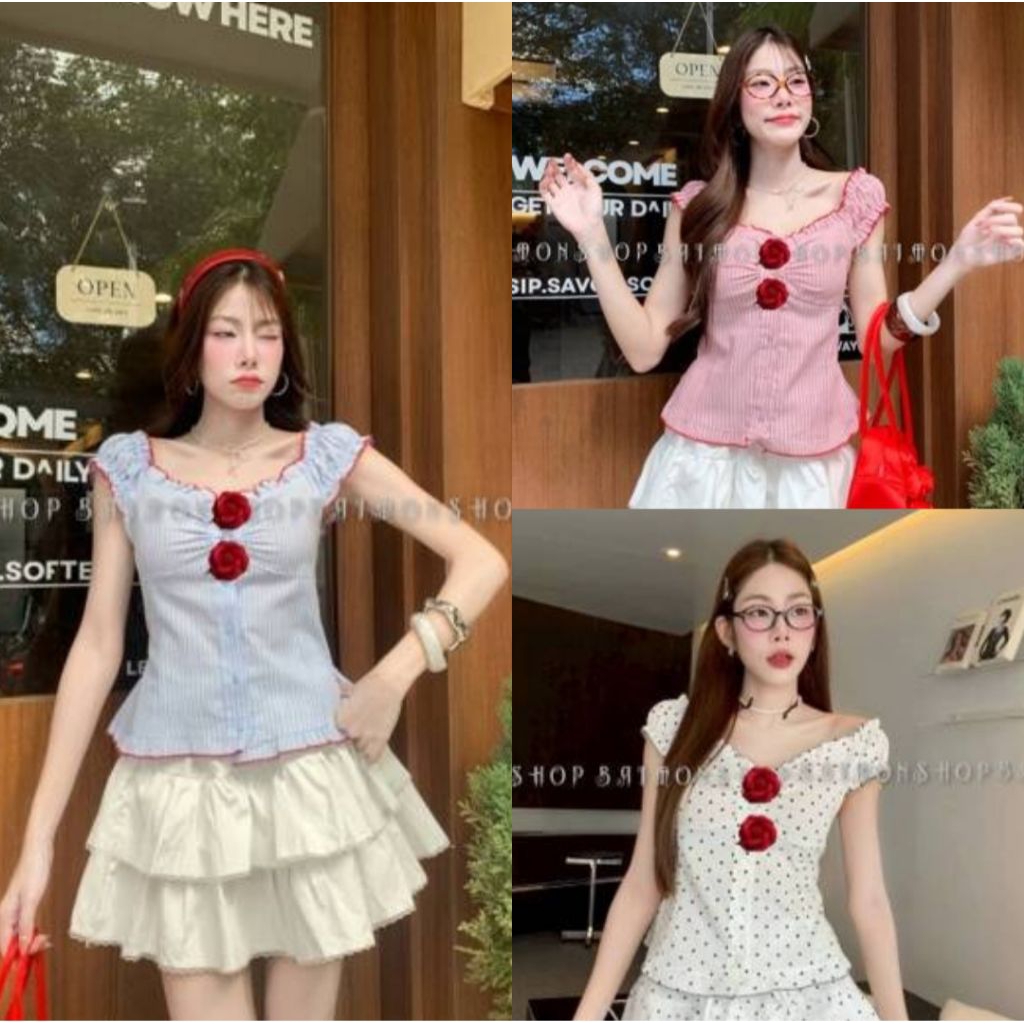 เสื้อปาดไหล่ กระดุมผ่าหน้า งานน่ารัก ฮิตสุดๆ  ใส่สบาย