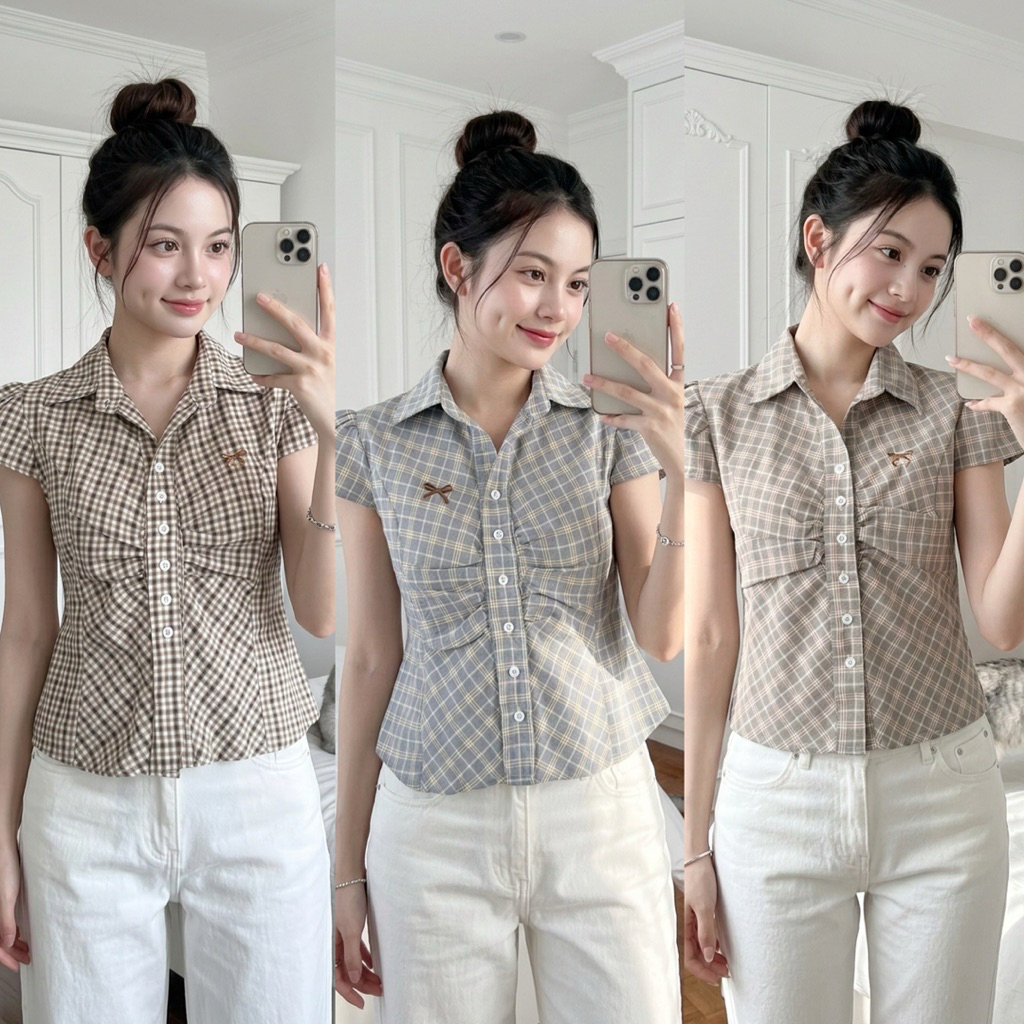 🌟Mamildya.shop🌟 เสื้อเชิ้ตคอปกทรงคอวี เนื้อผ้าคอตตอนเชิ้ต/G1-2/COOK-จีบC⚫