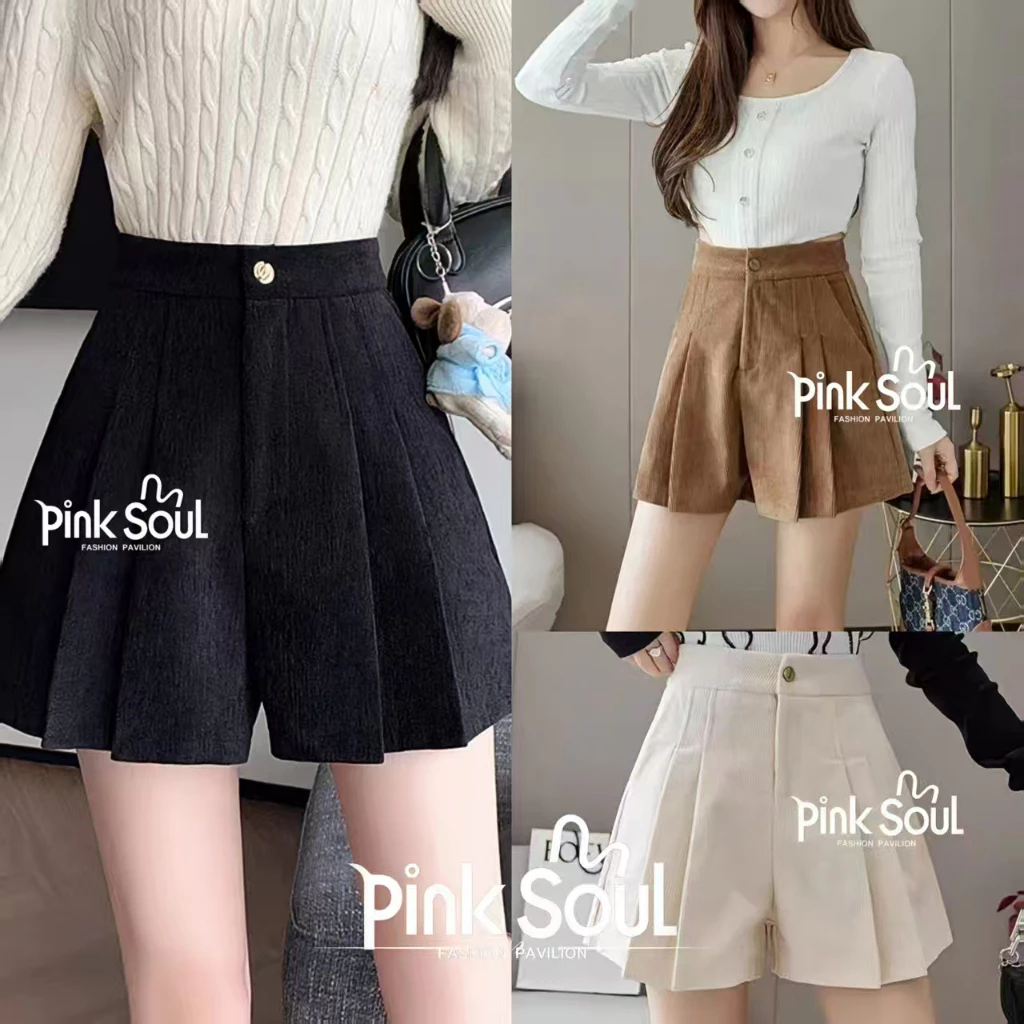 พร้อมส่ง กางเกงขาสั้นเอวสูง ผ้าลูกฟูก เอวสม็อค สไตล์เกาหลี ใส่สบาย Clothing เสื้อผ้า
