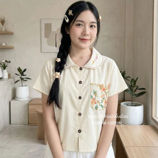 เสื้อผ้าฝ้าย คอบัว งานพรีเมี่ยม กระดุมกะลา แต่งกระเป๋า ปักดอกไม้ งานทำมือ งานhandmade