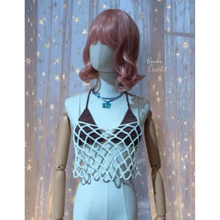เสื้อสายเดี่ยวตาข่ายถักโครเชต์ (จัดส่งภายใน2วัน) crochet mesh top 100% handmade