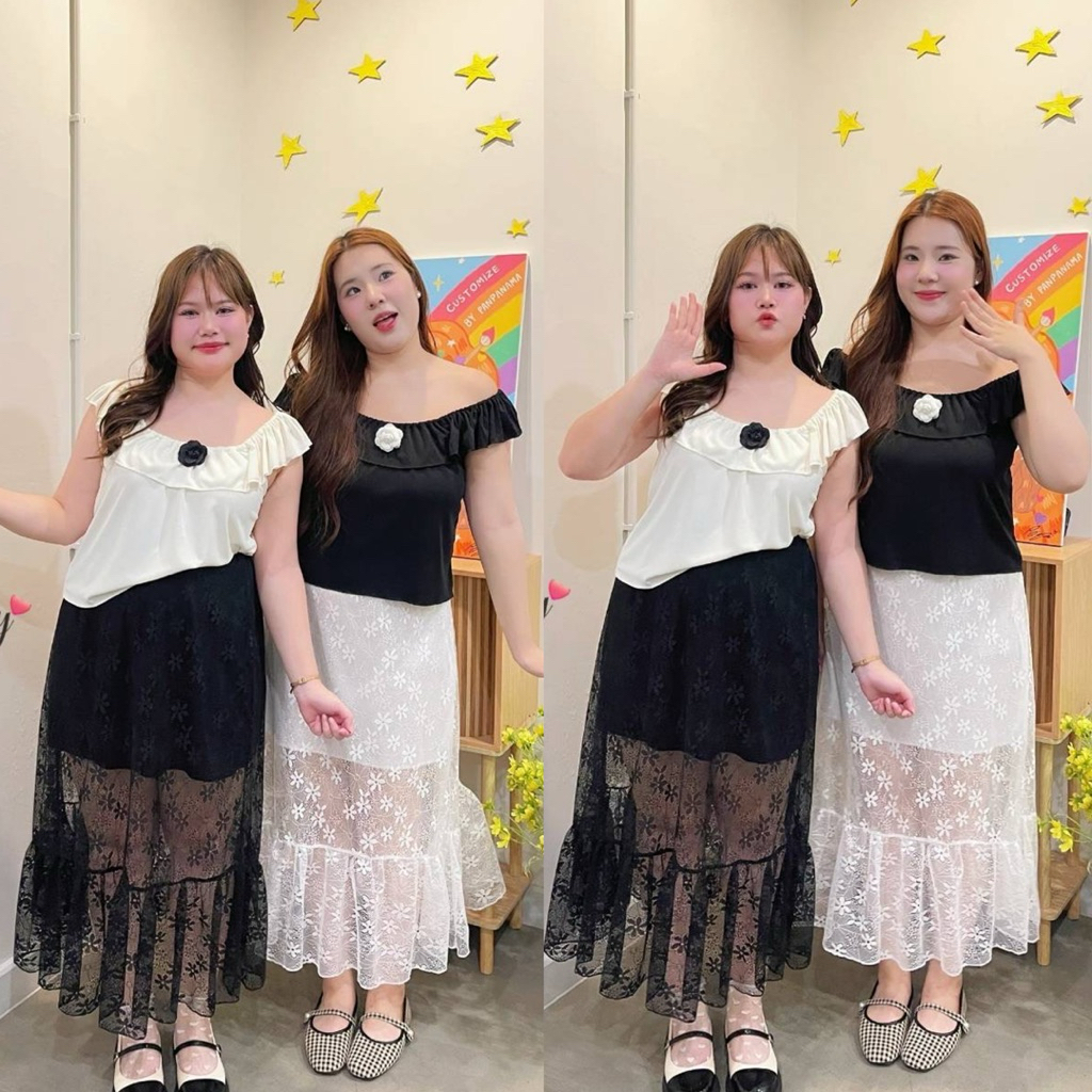 (FB) กระโปรงยาวต่อระบายเบาๆ ผ้าลูกไม้ไม่ยืด มีซับใน เอวสม็อบครอบ เสื้อผ้าสาวอวบอ้วน พลัสไซส์ ไซส์ใหญ่