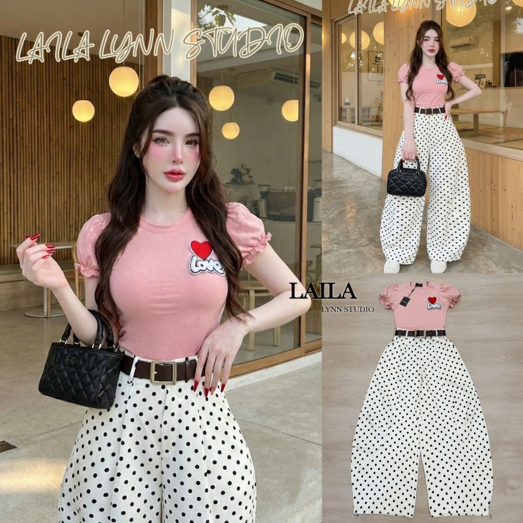 Laila SETเสื้อ+กางเกง+เข็มขัด เสื้อแขนสั้นทรงแขนพองตุ๊กตาดีไซน์น่ารักๆ