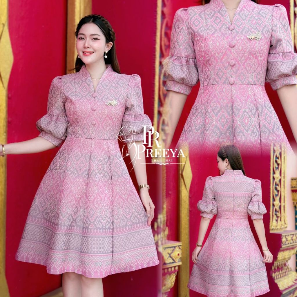 PR175 เดรสผ้าฝ้ายทอลาย อัดกาวทั้งชุด คัตติ้งเนี๊ยบ มีไซส์S-XL แบรนด์ preeya ชุดไทย