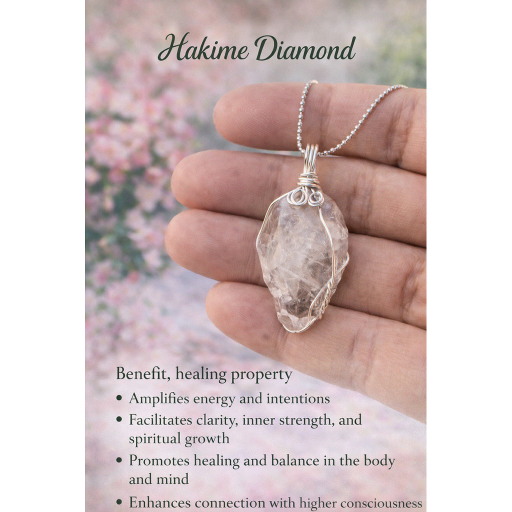 1 Piece Natural Herkimer Daimond Quartz Pendant with Copper wire and 18 inch Long Rhodium chain