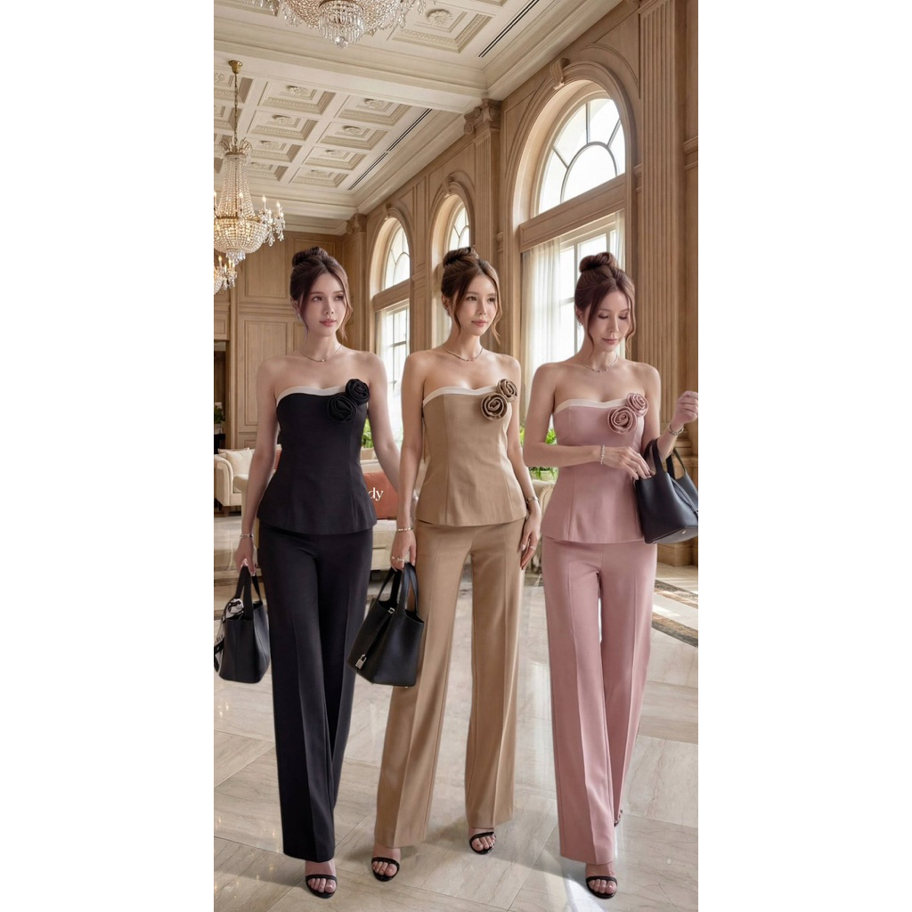 FK : เซ็ต 3 ชิ้น เกาะอก คอหัวใจ ขอบขาว ทูโทน กับ กางเกง ขายาว กับ เข็มกลัด ดอกไม้ ซับใน แมทกับ ส้นสู