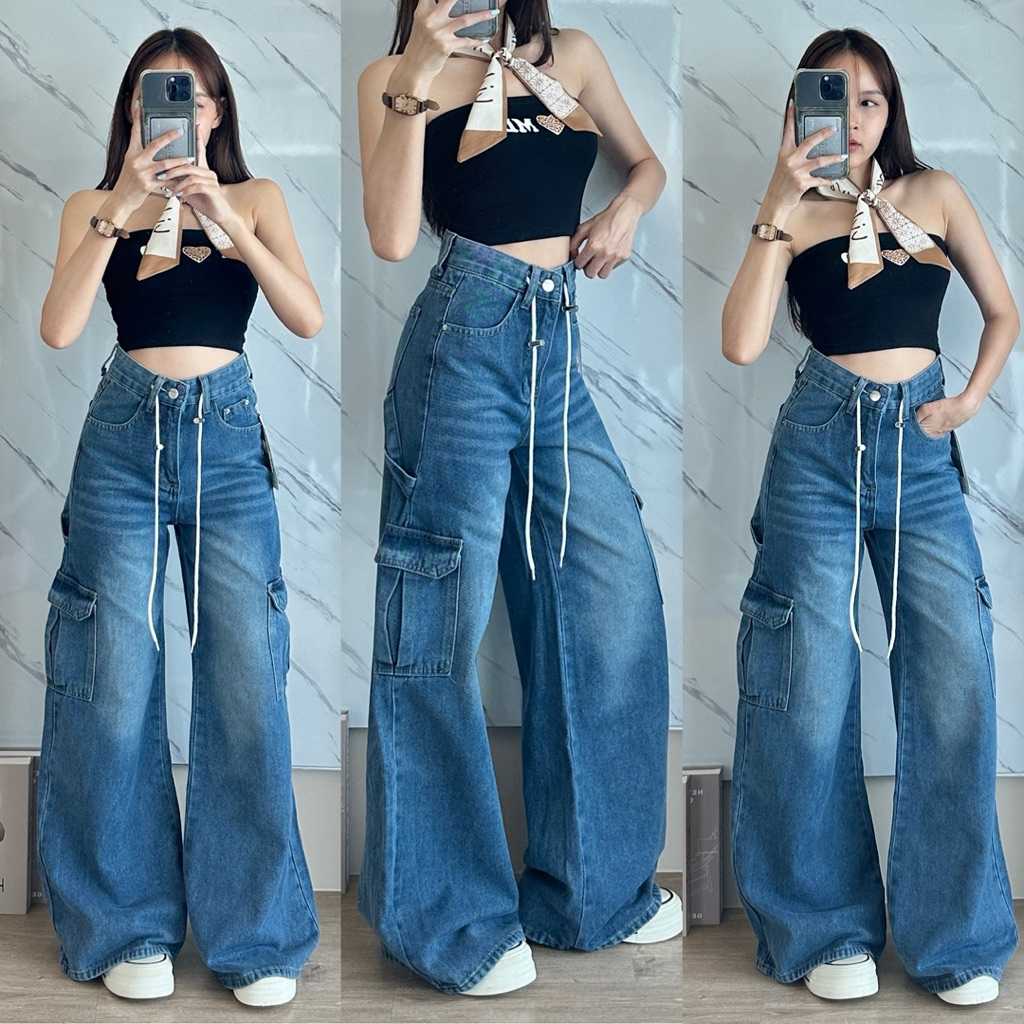 CHANA - Baggy ทรงช่าง ( XXS-5XL ) 8510 ทรงขาบานสไตล์สตรีท เชือกรูดปรับเอว กางเกงยีนส์ใส่เอวสูง-ต่ำได้
