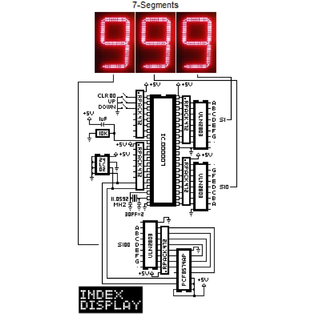 AT89C52 ไอซี วงจรป้ายนับจำนวน 3 หลัก 0-999 นับขึ้น-นับลง-รีเซ็ท0  แบบขับ 7-Segments/(ได้ไอซี 40ขาเท่