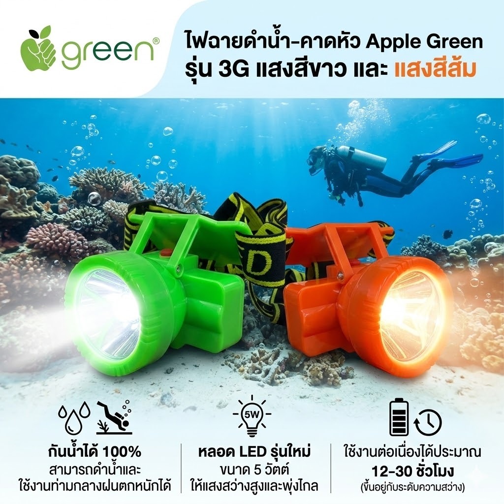 ไฟติดหน้าผาก แบบดำน้ำได้ Apple Green