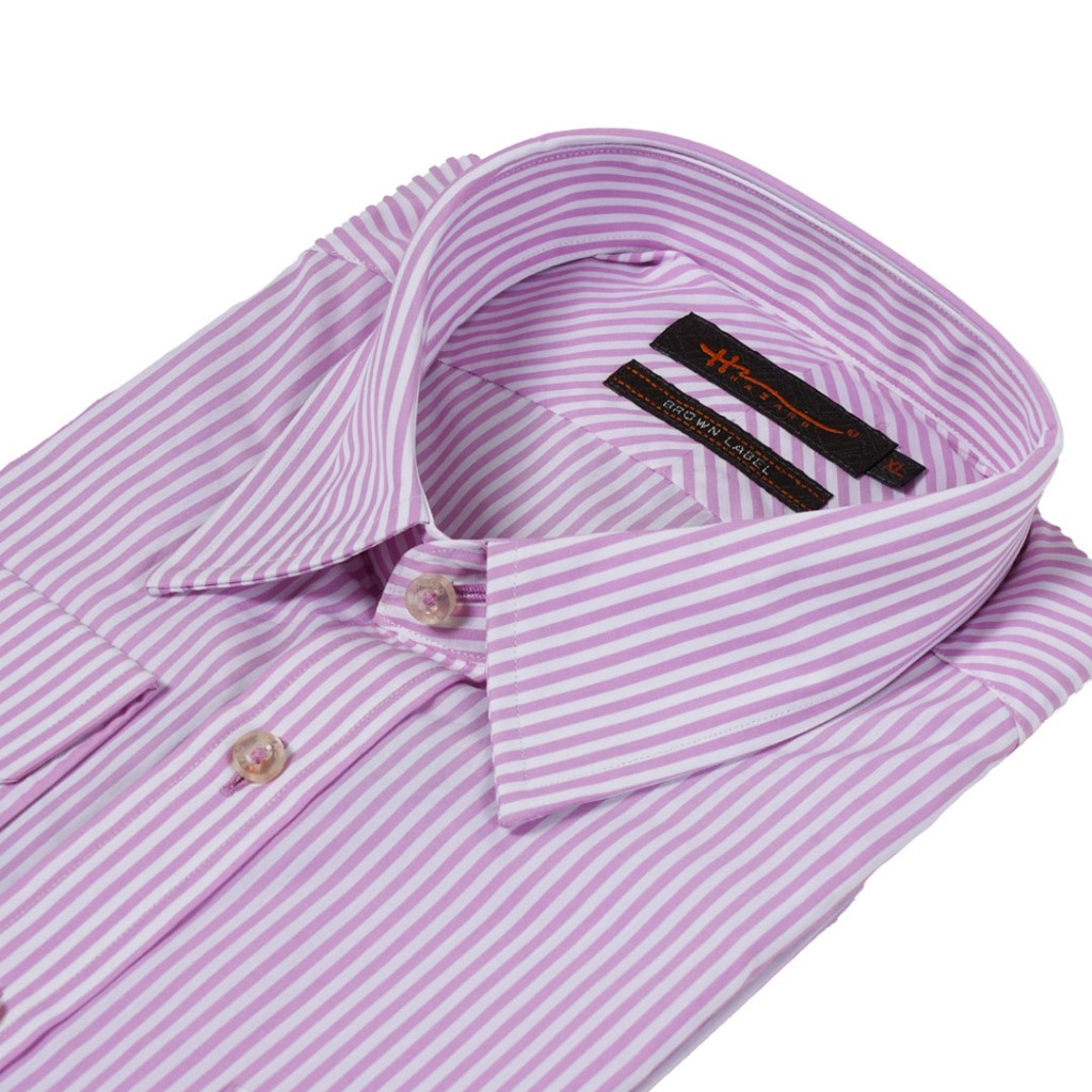 Hazard เสื้อเชิ้ตทำงานแขนยาวลายทาง ผ้า Cotton (คอตตอน) สีชมพูเข้ม