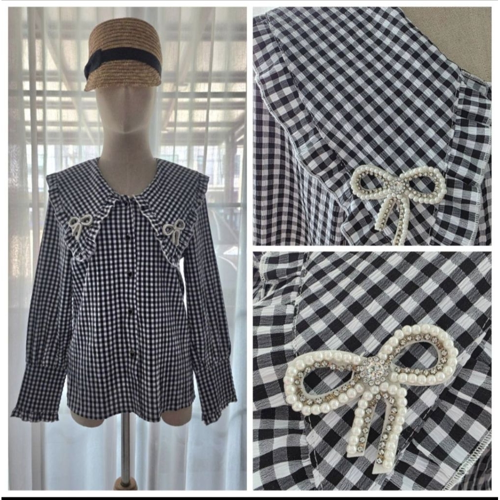 เสื้อเชิ้ตแขนยาวลายสก็อตขาวดำ ตกแต่งปักโบว์มุก เกาหลีสวยชิคๆ ป้าย KIMBERRY STORE