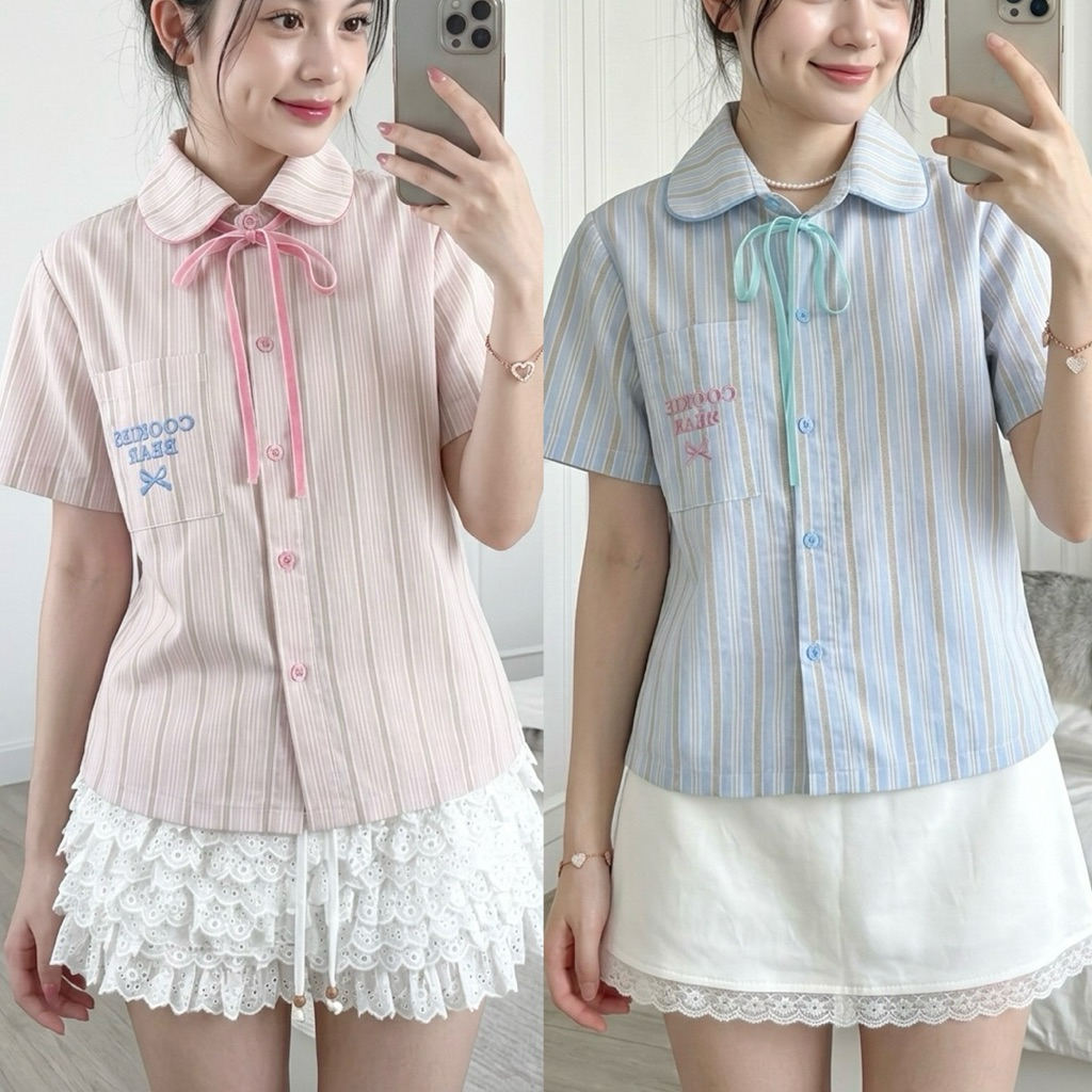 มีริบบิ้นให้🌟Mamildya.shop🌟 เสื้อคอบัวกุ้นขอบ ทรงตัวยาวผ้าลินินลายริ้วสีพาสเทล/G2-2 /COOK-บัวริบ ⚫