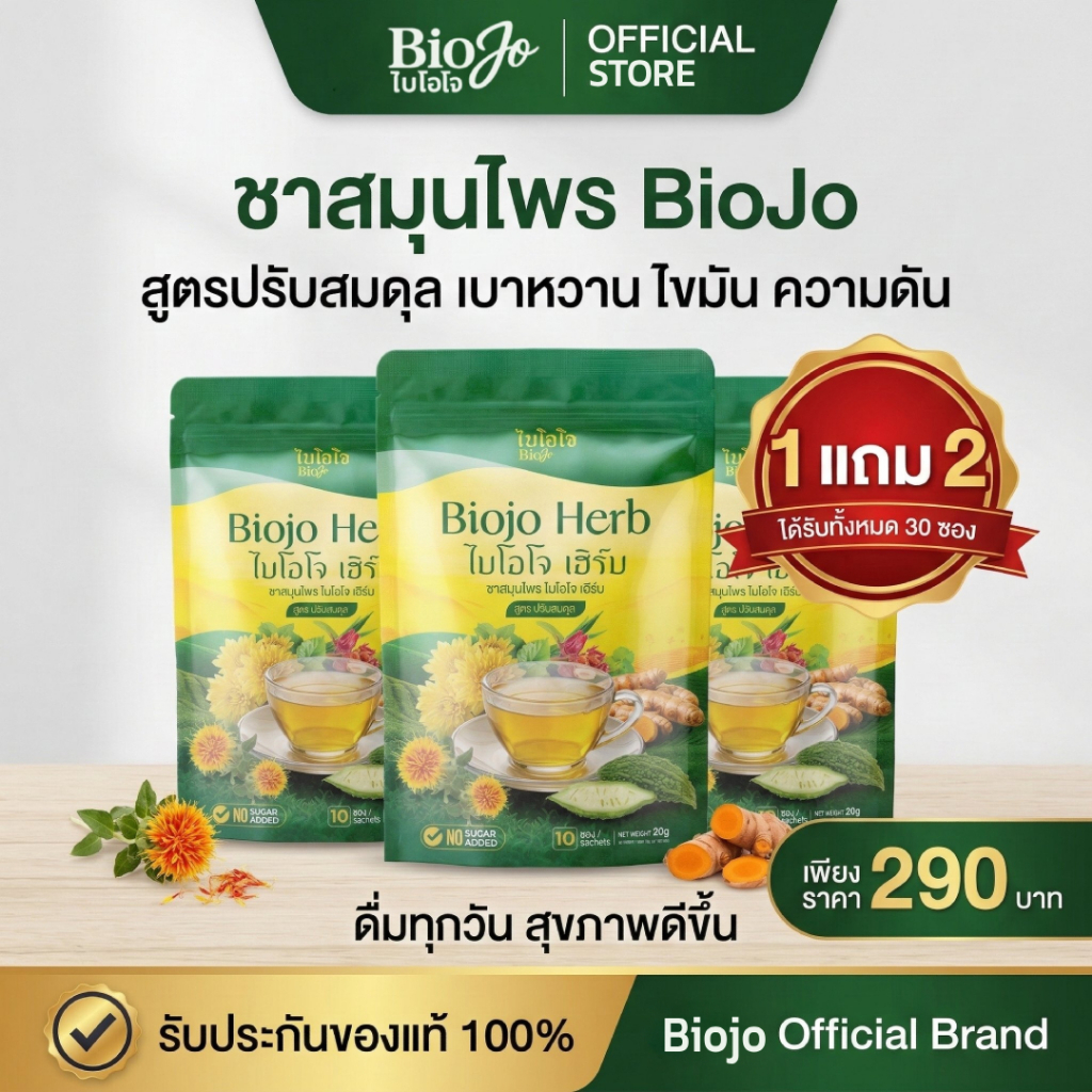 BIOJO (ไบโอโจ) ชาสมุนไพร 1 แถม 2 สูตรปรับสมดุลในร่างกาย น้ำตาล 0% ลด เบาหวาน ความดัน ไขมัน