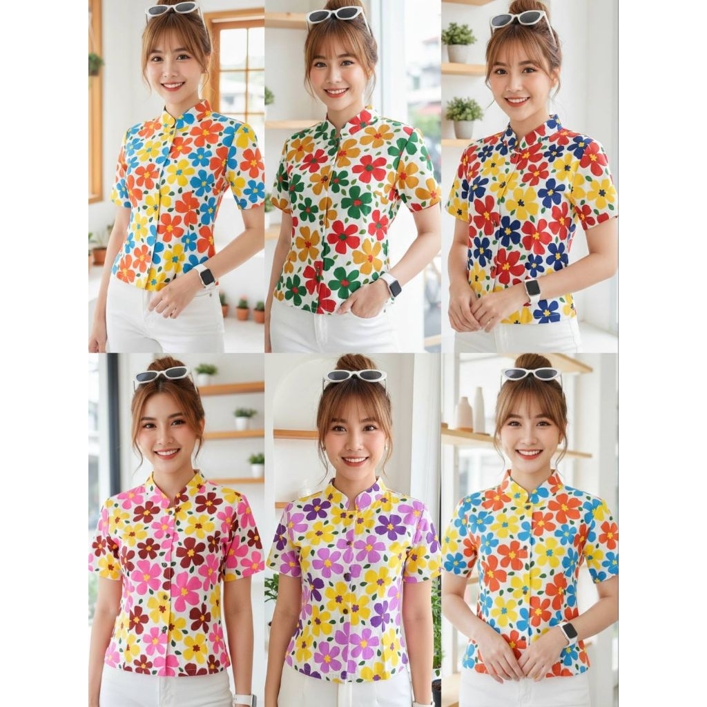 เสื้อสงกรานต์หญิงคอจีนดอกหรรษา..