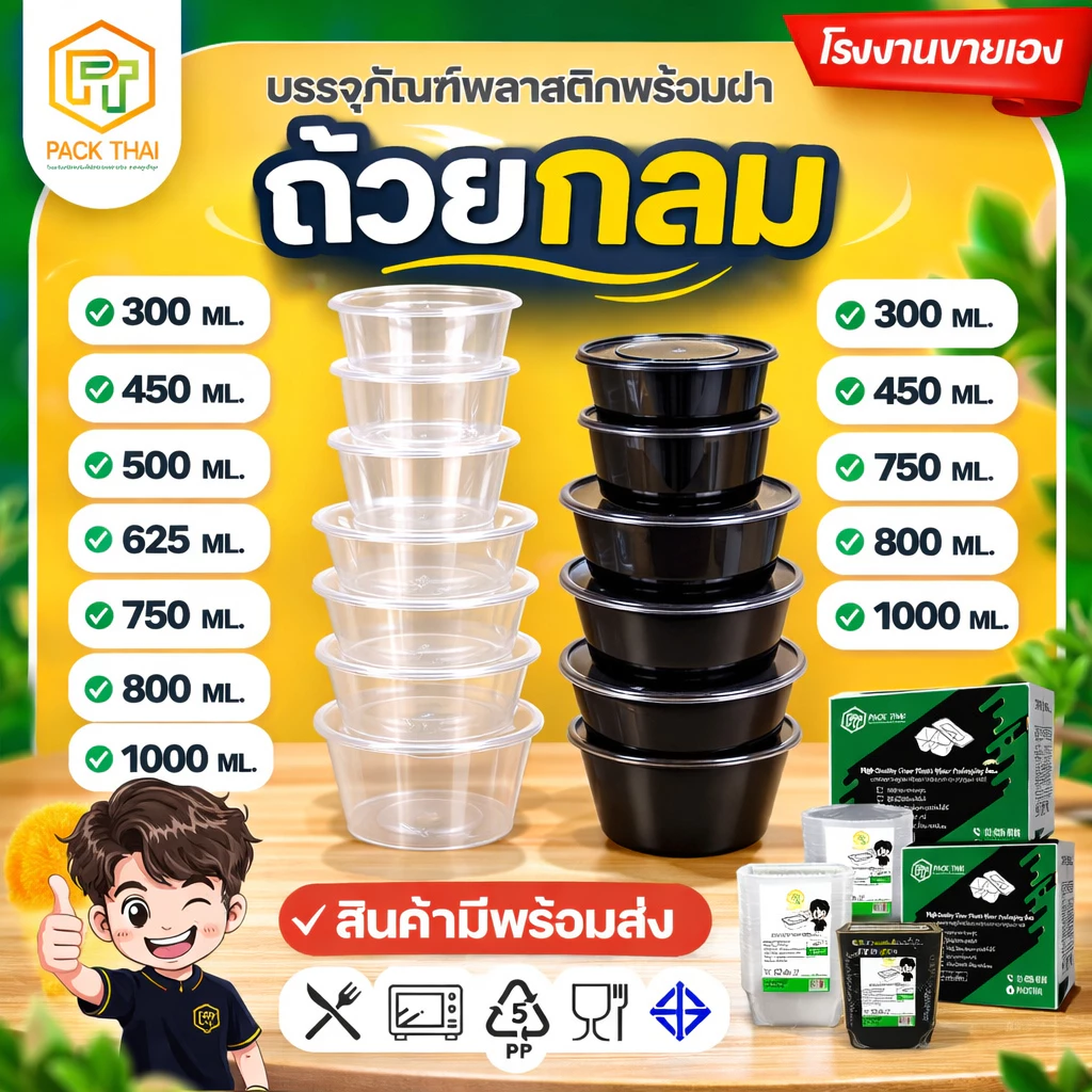 (แพ็ค 50 ชุด) /ถ้วยใส่อาหาร PP เข้าไมโครเวฟได้ 300-1000ml กล่องอาหารพลาสติก ฝาปิดแน่น ใส/ดำ