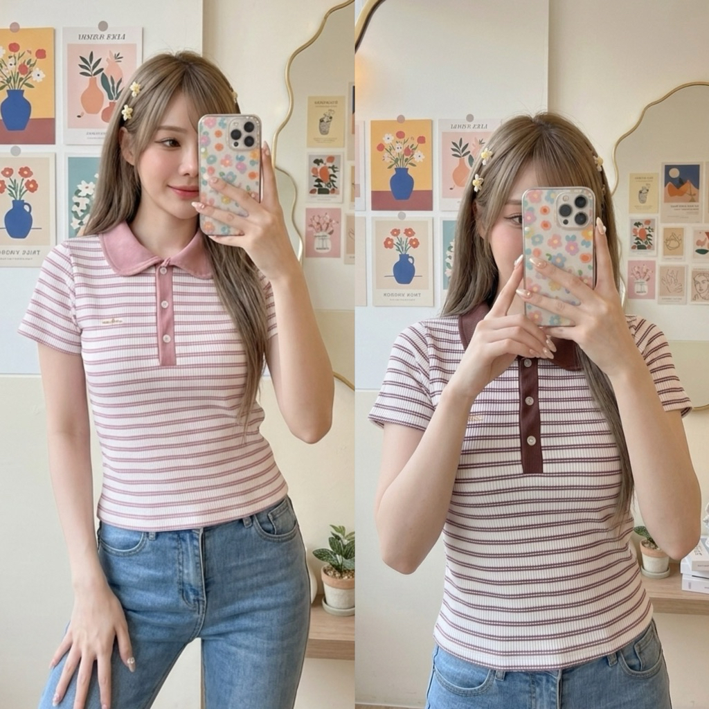 ❤️ Diiz’s ❤️ เสื้อ คอปก แขนตุ๊กตา ผ้ายืด งานน่ารักมาก กระดุมหน้า