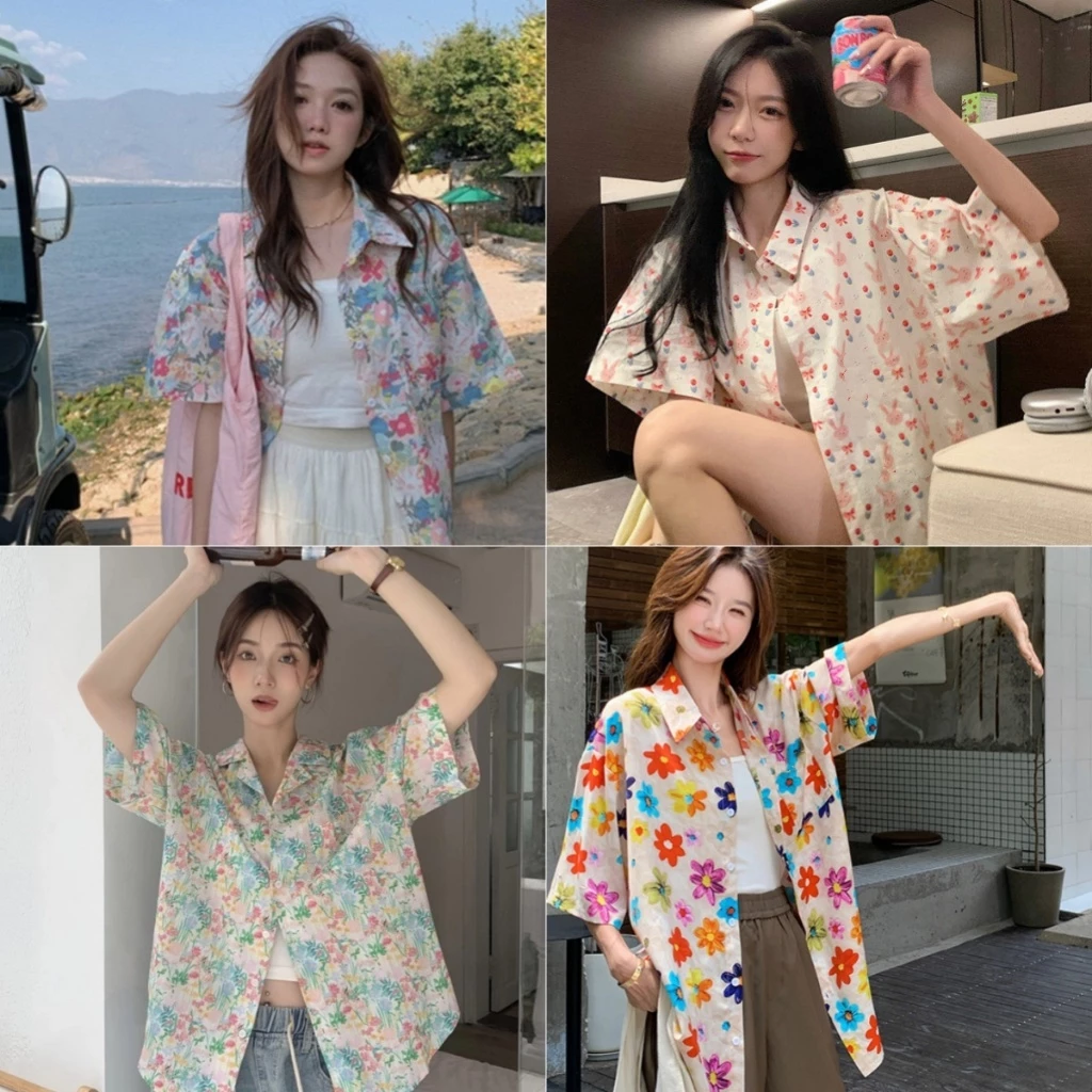 Bella Shop เสื้อฮาวายลายดอกไม้ แขนสั้น ทรงหลวม เสื้อสงกรานต์ - รูปที่ 1