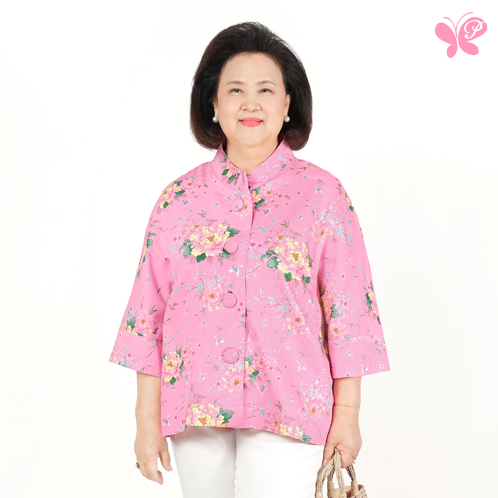 เสื้อผู้สูงอายุ Miki Oversized Top - Peony ผ้า Cotton 100% ทรงหลวม พิมพ์ลายดอกโบตั๋น กระดุมปั้มมือ (Elderly Friendly)