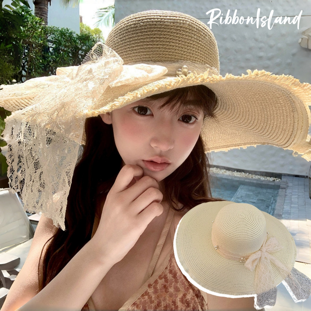 sun hat หมวกกันแดด ins กันแดด ลูกไม้ โบว์ ประดับด้วยไข่มุก สไตล์เกาหลี มินิมอล แฟชั่น ผู้หญิง ส่งเร็ว